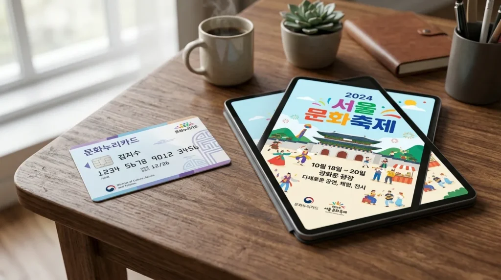 전문적인 고품질 3D 렌더링 이미지로 구현된 한국의 '문화우리' 복지카드가 깔끔한 나무 책상 위에 놓여 있고, 그 옆에는 문화 축제 포스터가 표시된 태블릿이 있습니다.