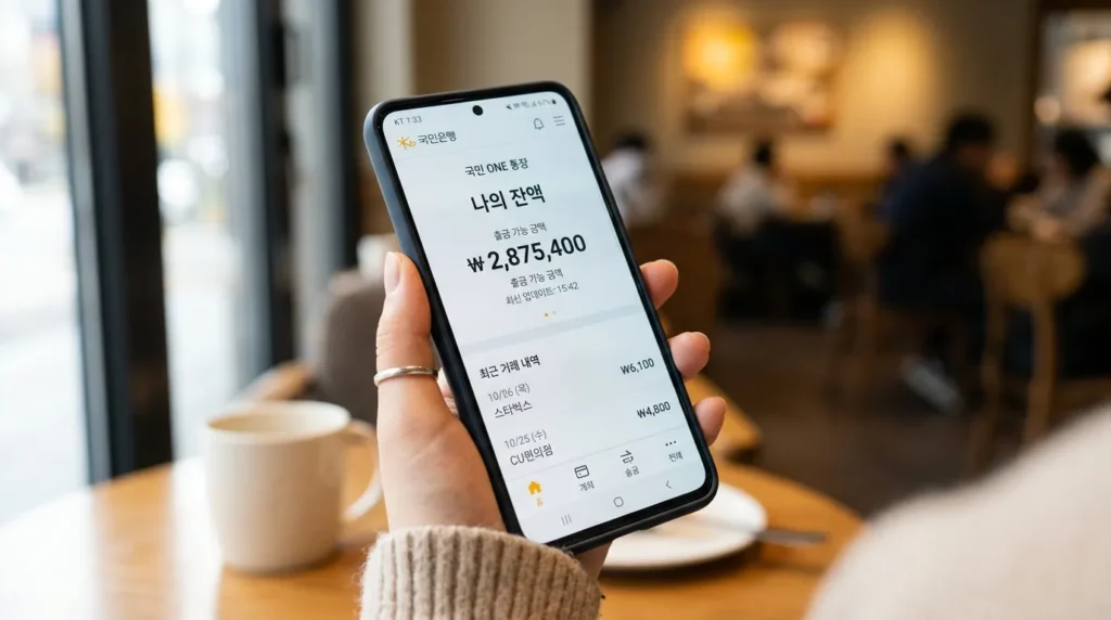 한국인이 들고 있는 최신 스마트폰의 클로즈업 사진으로, 한국어로 '잔액'이 크게 표시된 깔끔한 모바일 애플리케이션 인터페이스가 보입니다.