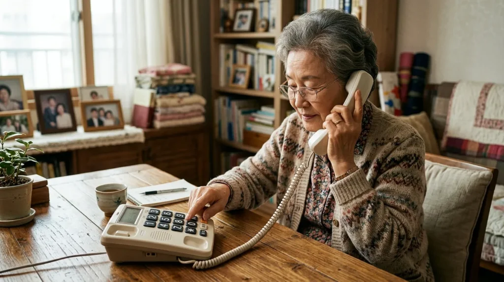 큰 버튼이 달린 빈티지 스타일이지만 현대적인 전화기를 사용하는 한국의 노년층이 차분하고 집중하는 모습으로, ARS 서비스의 접근성을 상징합니다.