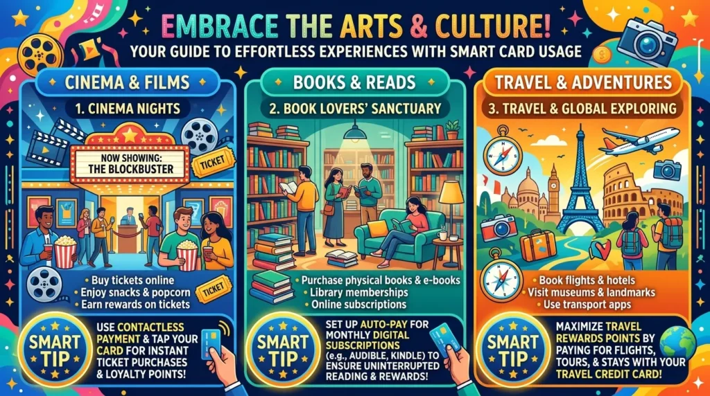 영화, 책, 여행 등 다양한 문화 활동을 보여주는 생동감 넘치는 컬러풀한 인포그래픽과 효율적인 카드 사용을 나타내는 '스마트 팁' 아이콘이 있습니다.