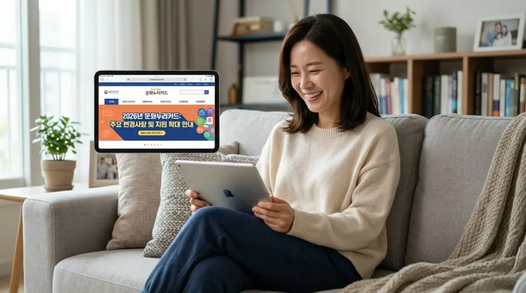 2026년 문화누리카드 주요 변경 사항과 지원 규모 - 거실 소파에 앉아 태블릿 PC로 문화누리카드 홈페이지를 확인하며 미소 짓는 한국인 여성의 모습