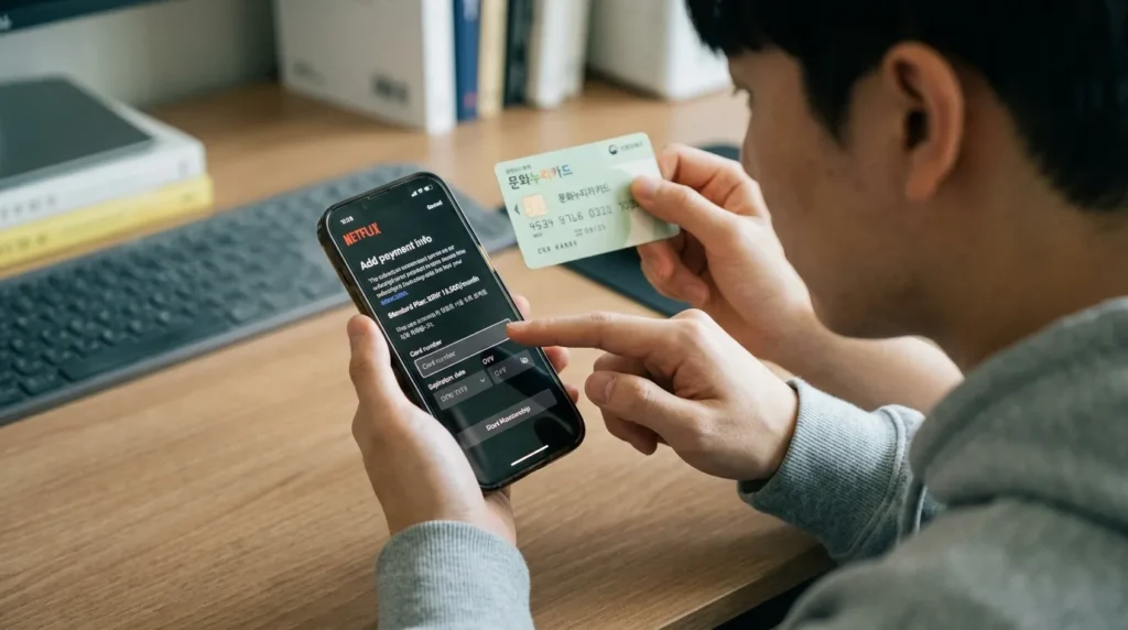 넷플릭스 등 OTT 서비스 온라인 결제 및 등록 방법 - 스마트폰 화면에 넷플릭스 결제창이 띄워져 있고 한국인 남성이 문화누리카드 정보를 입력하는 근접 촬영 사진