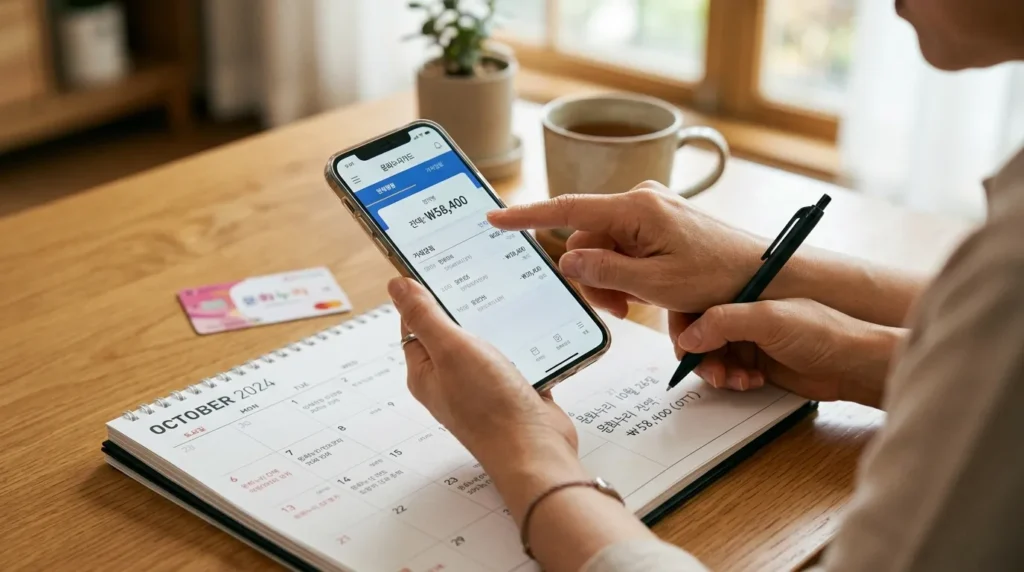 문화누리카드 OTT 이용 시 주의사항 및 잔액 관리 전략 - 스마트폰 앱으로 카드 잔액을 확인하며 달력에 메모를 남기는 한국인 여성의 손 근접 사진