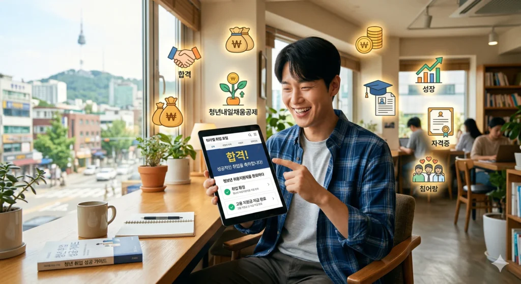 한 한국인 남성이 태블릿으로 고용 지원 정보를 확인하며 밝게 미소 짓는 모습, 주변에 취업과 재정 지원을 상징하는 아이콘들이 떠다니는 이미지. 따뜻하고 희망찬 분위기.
