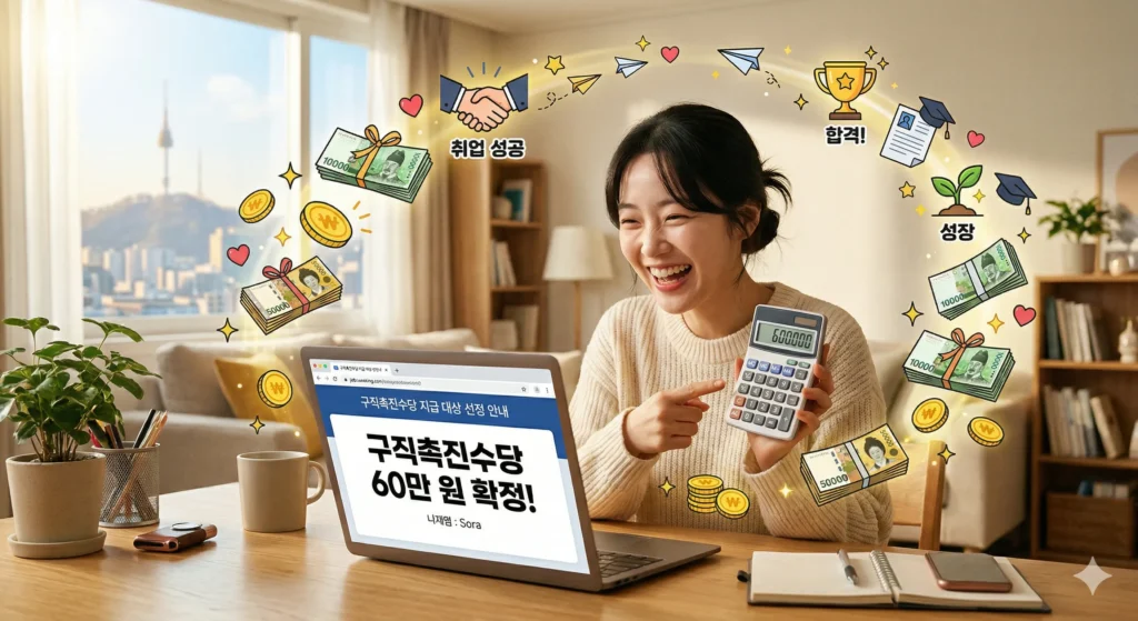 한 한국인 여성이 노트북 화면에서 '구직촉진수당'이라는 글자를 보며 계산기를 들고 밝게 웃는 모습. 주변에 돈다발과 취업 성공을 상징하는 아이콘들이 떠있다. 희망차고 긍정적인 분위기.