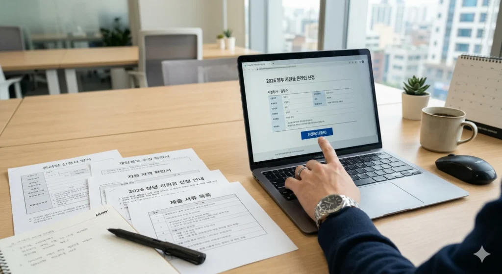 다양한 서류와 신청서 양식, 그리고 펜이 놓인 책상 위에서 한 한국인 남성의 손이 온라인 신청 버튼을 클릭하려는 모습. 깔끔하고 정돈된 분위기.