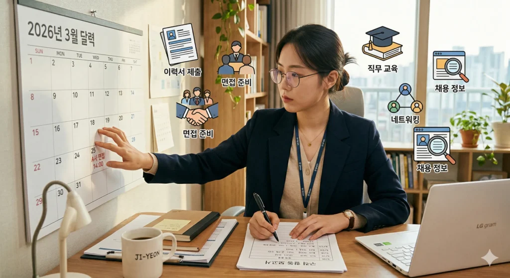 한 한국인 여성이 달력을 보며 중요한 약속을 확인하고, 다른 손으로는 구직 활동 보고서를 작성하는 모습. 주변에 취업 활동을 상징하는 아이콘들(이력서, 면접, 교육 등)이 그려져 있다. 진지하고 책임감 있는 분위기.