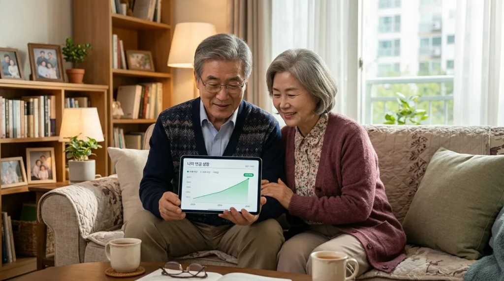 아늑한 거실에 앉아 태블릿 화면에 표시된 연금 증가 추이를 보고 있는 전문적인 분위기의 한국인 노부부. 따뜻한 조명 아래 희망적인 분위기가 감돈다.