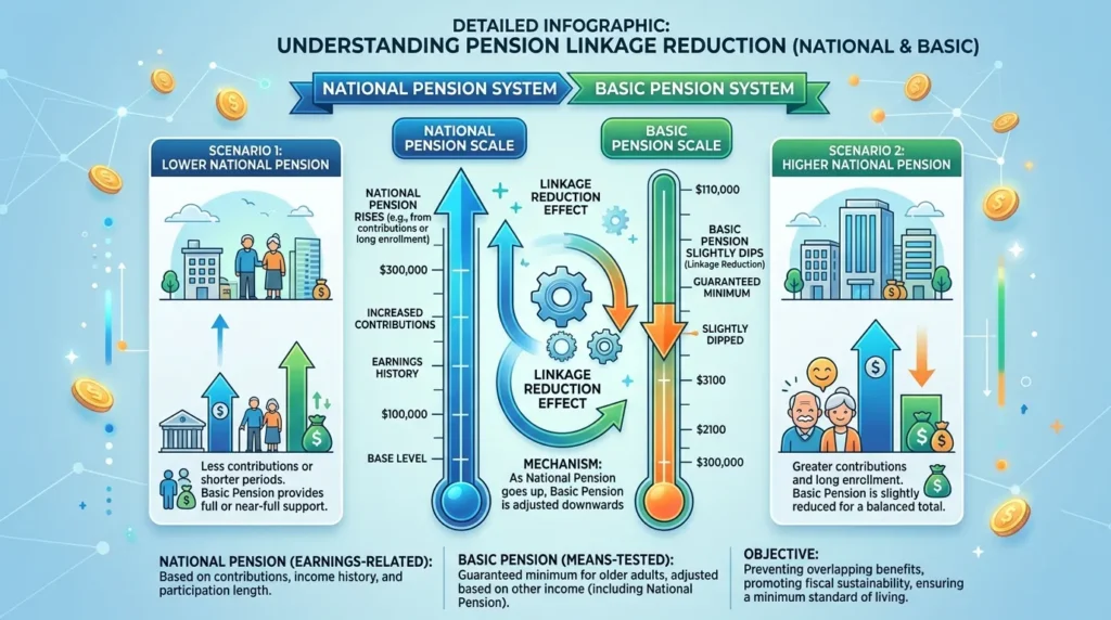국민연금과 기본연금을 각각 나타내는 두 개의 눈금이 있는 상세한 인포그래픽. 국민연금 눈금이 올라갈수록 기본연금 눈금은 약간 내려가는데, 이는 연금과 소득의 연동 감소 개념을 보여준다.