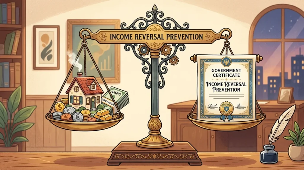 저울을 형상화한 그림. 한쪽에는 자산을 상징하는 작은 집과 동전이 있고, 다른 한쪽에는 정부 발행 증서가 있다. 저울이 균형을 이루고 있는 모습은 '소득 역전 방지' 개념을 나타낸다.