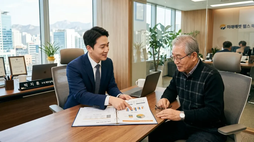 전문적인 한국인 재무 상담사가 노부부를 마주 보고 앉아 차분한 표정으로 서류를 가리키며 설명하고 있다. 사무실은 밝고 현대적인 분위기다.