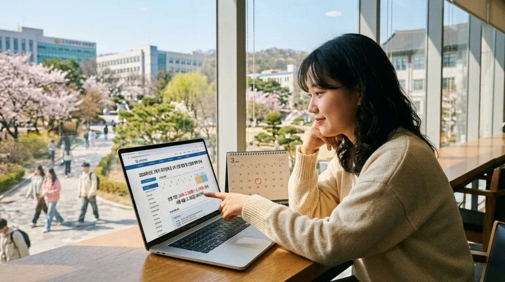 2026학년도 국가장학금 2차 신청 일정과 신입생의 기회 - 한국인 대학 신입생이 노트북 앞에 앉아 달력을 확인하며 국가장학금 신청 마감일을 체크하는 모습, 창밖으로는 봄 기운이 느껴지는 대학 캠퍼스 배경