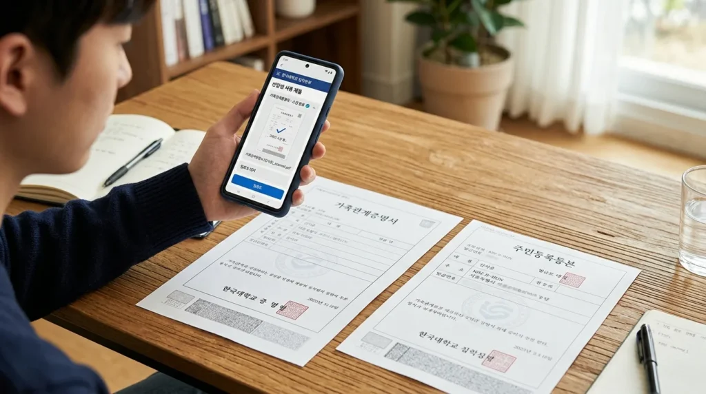 신입생 서류 제출 목록: 가족관계증명서와 상세 서류 확인 - 책상 위에 놓인 가족관계증명서와 주민등록등본 등 공식 서류들, 그리고 이를 디지털 스캔하여 업로드하려는 스마트폰 화면