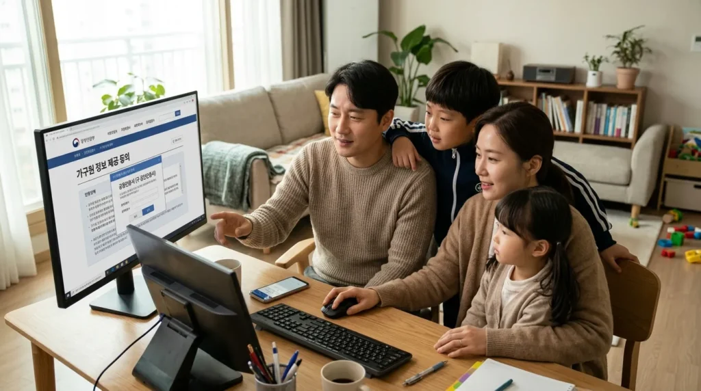 가구원 정보 제공 동의 및 소득 구간 산정 절차 - 한국인 부모님이 집에서 자녀와 함께 컴퓨터 앞에 앉아 공동인증서로 정보 제공 동의를 완료하는 훈훈한 장면