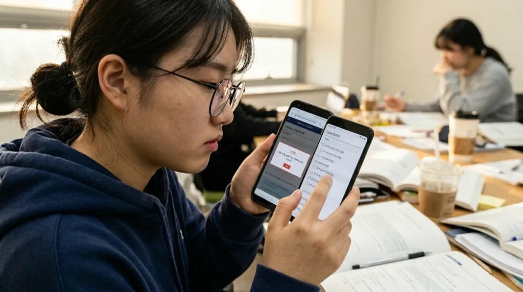 신청 시 주의사항과 자주 발생하는 실수 방지법 - 스마트폰 화면에 장학금 신청 오류 메시지와 체크리스트가 떠 있고, 이를 꼼꼼히 대조하는 한국인 학생의 근접 촬영 샷