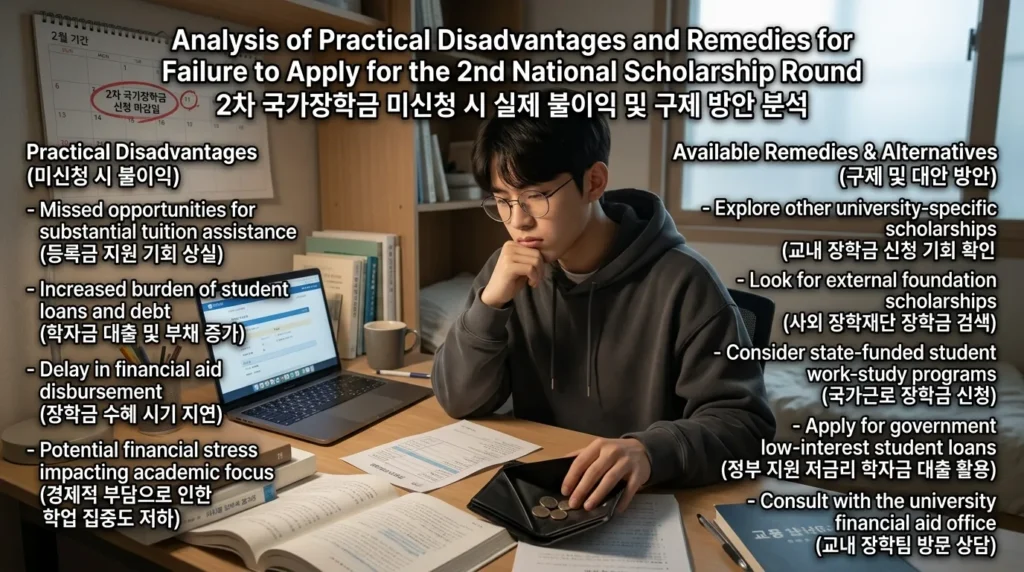 국가장학금 2차 신청 미신청 시 발생하는 실질적 불이익과 구제 방안 분석 - 한 한국인 대학생이 책상 앞에 앉아 등록금 고지서와 빈 지갑을 보며 고민에 빠진 모습, 배경에는 달력의 마감 기한이 강조되어 있음