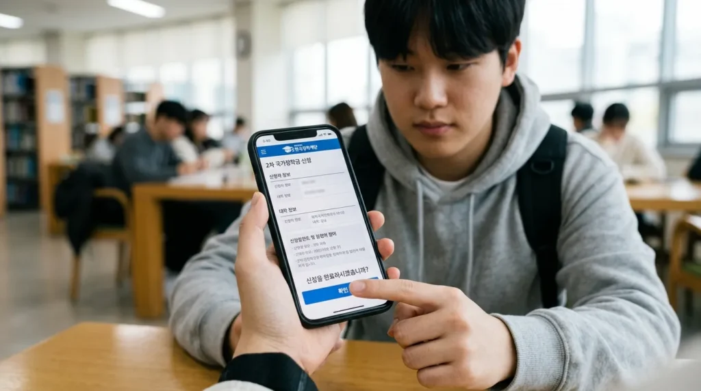 국가장학금 2차 신청 미신청 시 발생하는 실질적 불이익과 구제 방안 분석 - 한국인 학생이 스마트폰으로 한국장학재단 앱을 통해 신청을 완료하고 확인 버튼을 누르는 클로즈업 장면