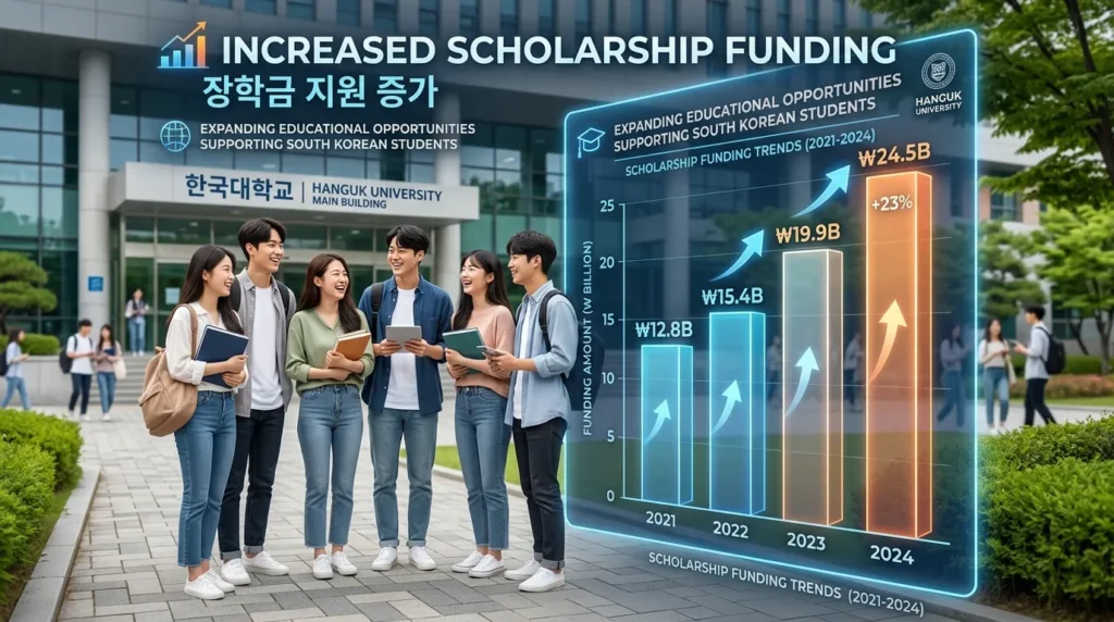 다양한 배경의 한국 대학생들이 현대적인 캠퍼스 건물 앞에서 환하게 웃고 있는 모습을 담은 전문적인 인포그래픽. 투명한 배경 위에 장학금 지원액 증가를 나타내는 상승 막대 그래프가 겹쳐져 있다.