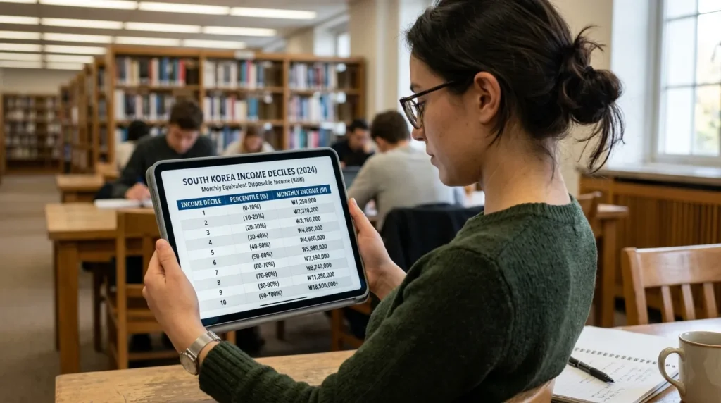 도서관에서 한 사람이 들고 있는 첨단 태블릿 화면에 1분위부터 9분위까지의 소득 계층별 원화 금액이 상세하고 깔끔하게 표시된 디지털 표가 나와 있다.