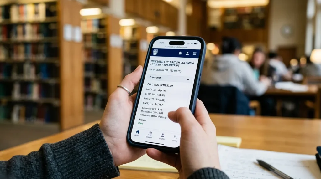 도서관 배경이 흐릿하게 처리된 가운데, 한 학생이 스마트폰으로 성적 증명서를 확인하는 손이 클로즈업되어 있다. 화면에는 높은 성적과 '합격' 표시가 있다.