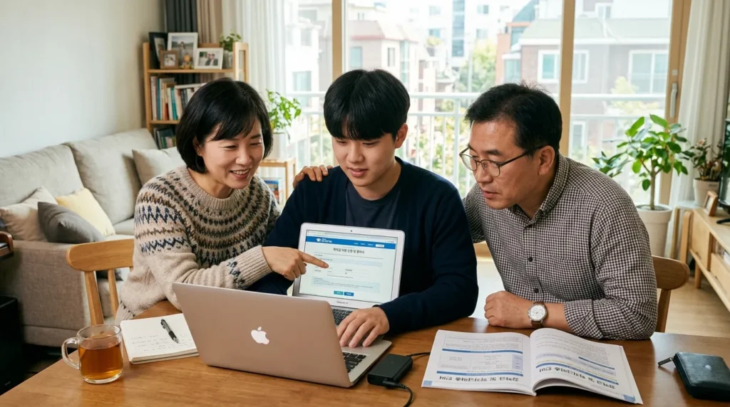 밝은 거실에 둘러앉은 한국 가족의 모습. 어머니와 아버지가 아들이 노트북으로 학자금 대출/장학금 동의서를 작성하는 것을 도와주고 있다.