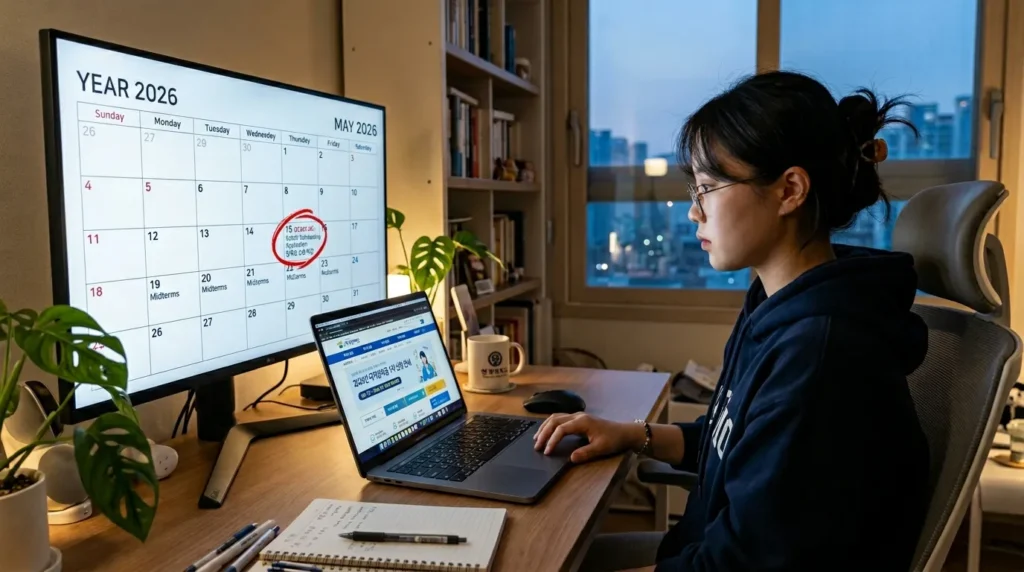 2026년도 디지털 달력에 5월의 특정 날짜가 빨간색 원으로 표시되어 마감일을 나타냅니다. 옆에는 한국 학생이 노트북으로 한국학생지원재단 웹사이트를 보고 있습니다. 고화질의 사실적인 4K 영상입니다.