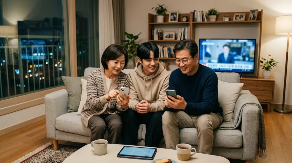 한국의 따뜻하고 현대적인 거실에 중년의 한국인 부부(부모)와 대학생 아들이 함께 앉아 있습니다. 부모는 스마트폰으로 디지털 인증 절차를 진행하고 있습니다. 은은한 조명과 전문적인 촬영 기법이 돋보입니다.
