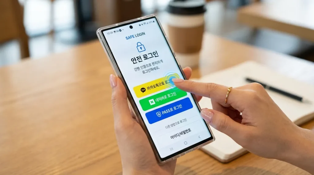 깔끔하고 첨단적인 모바일 애플리케이션 인터페이스에 카카오, 네이버, PASS 등 다양한 한국 '간편 인증' 아이콘이 있는 보안 로그인 화면이 나타납니다. 손톱을 단정하게 손질한 사람이 아이콘 중 하나를 터치하고 있습니다. 밝고 사용자 친화적인 분위기입니다.