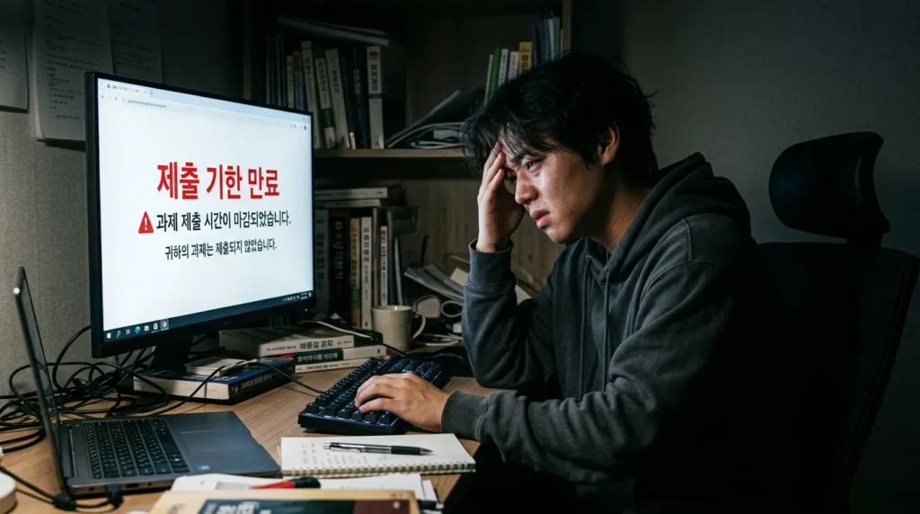 늦은 밤 어두운 방에 앉아 '마감일'이라는 한국어 경고 메시지가 표시된 컴퓨터 모니터를 답답해하는 한국 남학생의 모습입니다. 모니터에서 나오는 빛이 그의 얼굴에 반사됩니다. 긴박감을 강조하는 영화적인 조명 기법이 사용되었습니다.