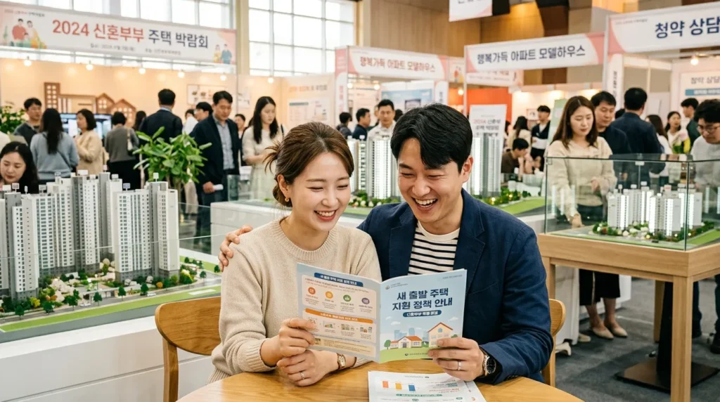 신혼부부가 함께 정책 브로슈어를 펼쳐보고 미소 짓는 모습, 주변에 아파트 모형과 행복한 분위기, 한국인으로 묘사.