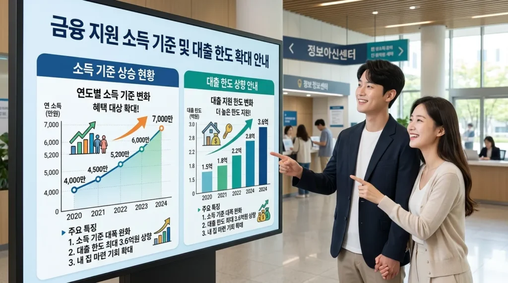 그래프와 차트로 소득 기준 및 대출 한도의 증가를 시각적으로 보여주는 인포그래픽, 한국인 부부가 희망찬 표정으로 이를 바라보는 모습.