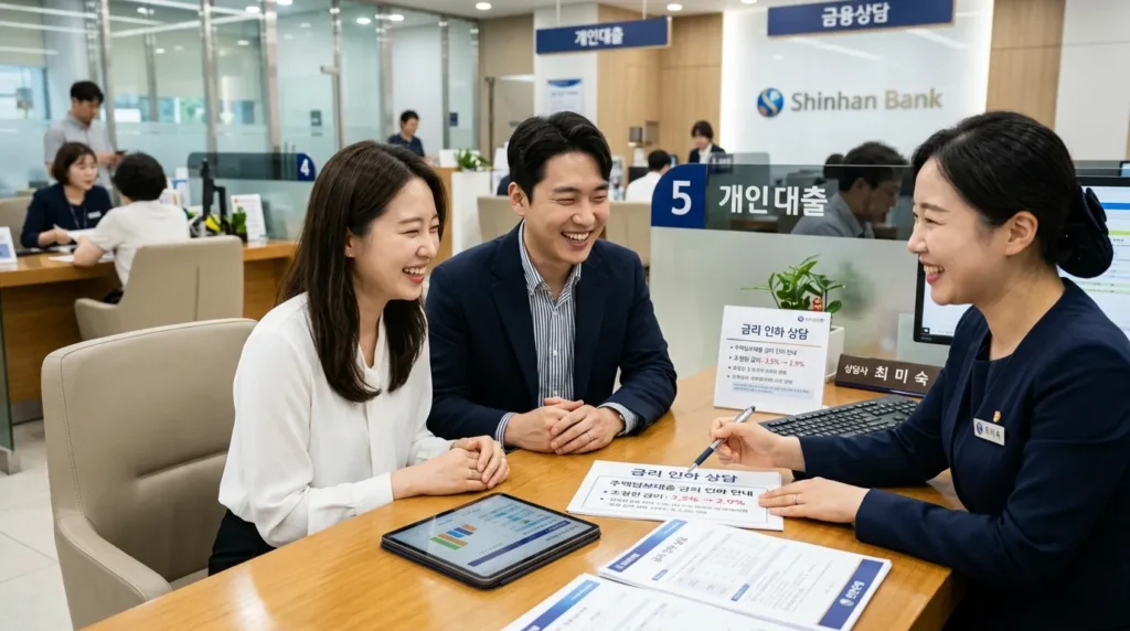 한국인 신혼부부가 은행 창구에서 상담을 받으며 금리 인하에 대한 설명을 듣고 환하게 웃는 모습.