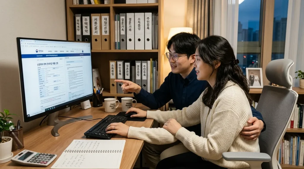 한국인 신혼부부가 컴퓨터 앞에서 온라인 서류를 준비하며 꼼꼼하게 확인하는 모습, 뒤편에 필요한 서류들이 깔끔하게 정리되어 있음.