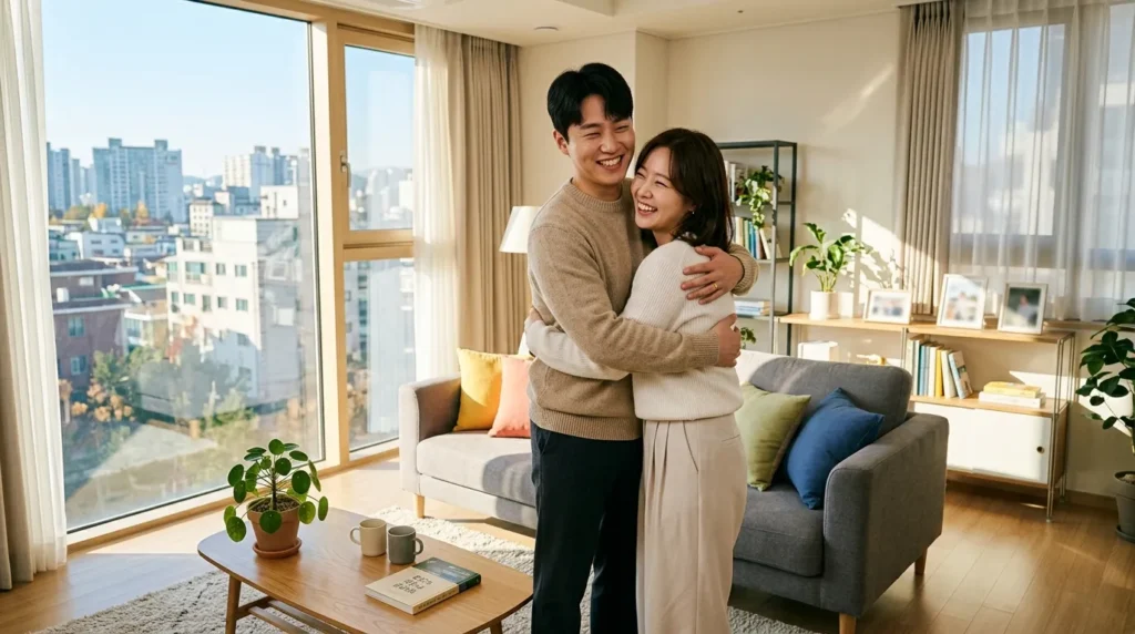 한국인 신혼부부가 새 아파트의 거실에서 환하게 웃으며 서로를 안고 있다. 창밖으로는 햇살이 비치고 행복한 새 출발의 느낌을 준다.