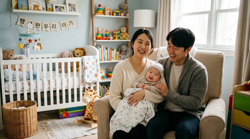 한국인 부부가 아기를 품에 안고 따뜻한 미소를 짓고 있다. 배경에는 아늑한 아기방과 장난감들이 보인다.