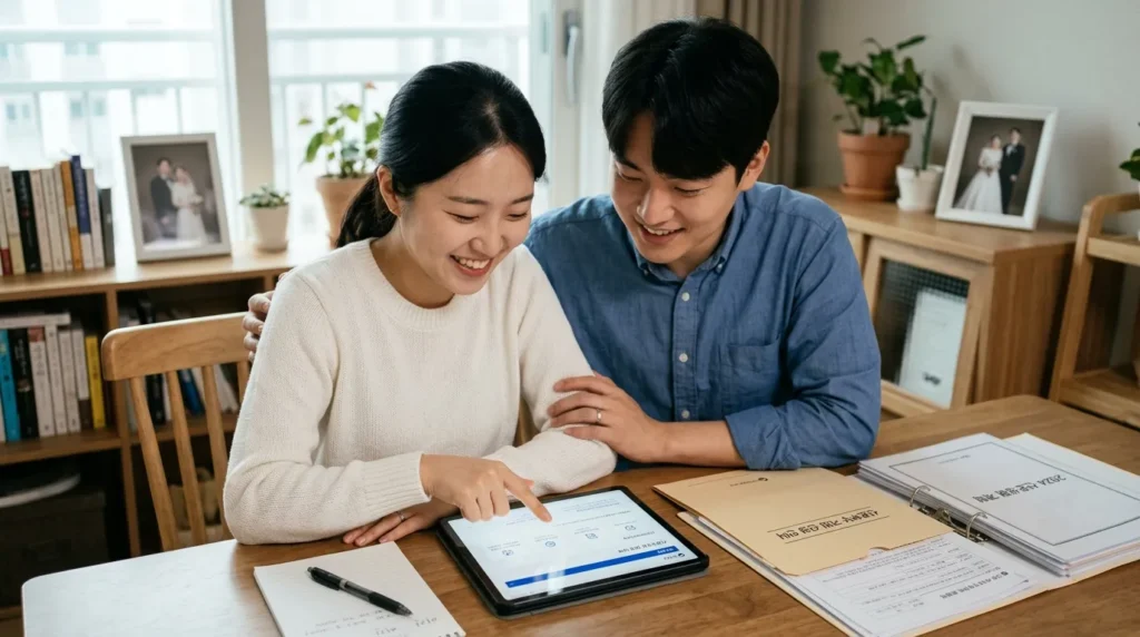 한국인 신혼부부가 태블릿 PC를 이용해 정부 지원 포털을 검색하고 정보를 확인하는 모습. 옆에는 서류와 펜이 놓여 있다.