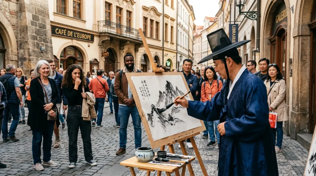 한복을 입은 한국인 예술가가 유럽의 고풍스러운 거리에서 붓을 들고 그림을 그리는 모습. 배경에는 다양한 국적의 사람들이 호기심 어린 표정으로 그를 바라보고 있다.