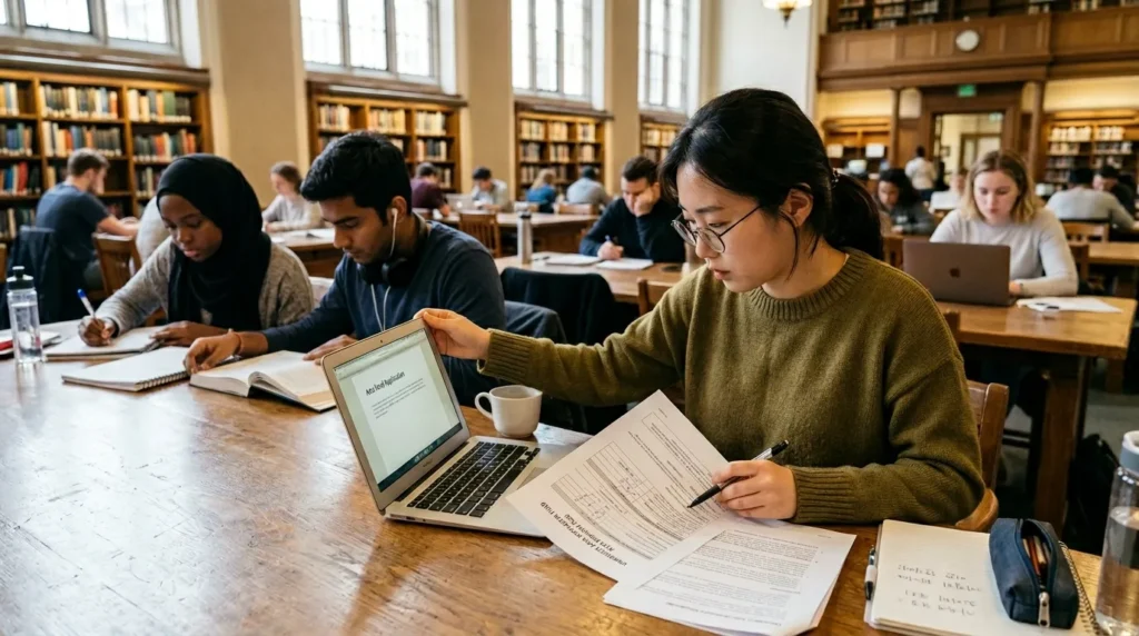 한국인 여성이 해외의 한 대학 도서관에서 노트북을 켜고 예술활동준비금 신청 서류를 꼼꼼히 검토하는 모습. 주변에는 다양한 국적의 학생들이 공부하고 있다.