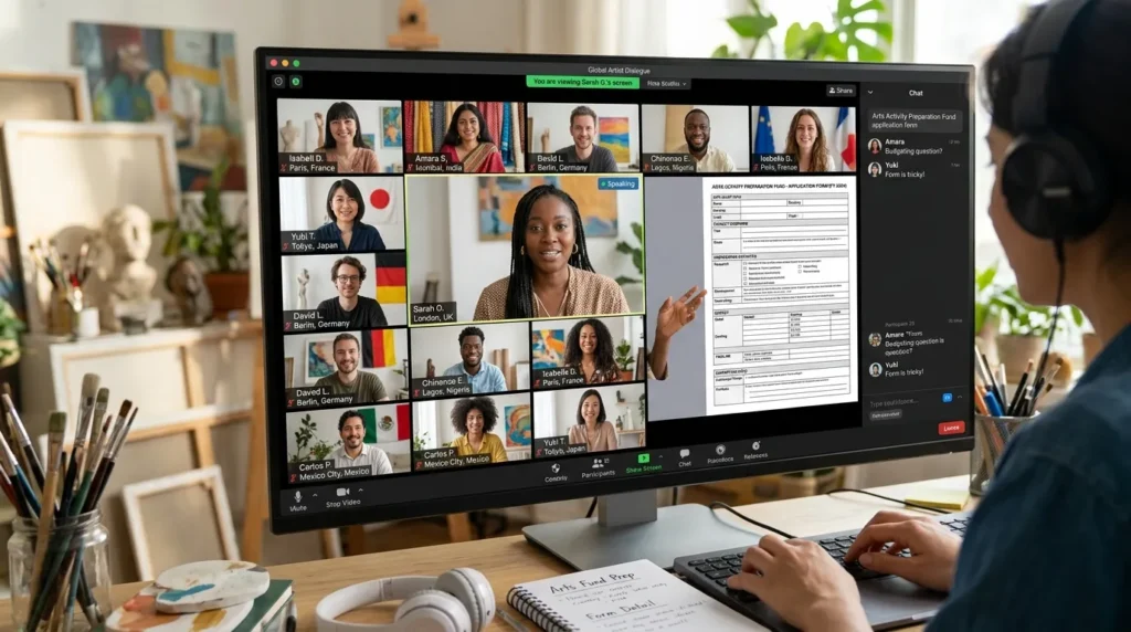 다양한 국적의 예술가들이 온라인 화상 회의를 통해 예술활동준비금 신청 방법에 대해 서로 정보를 공유하는 모습. 화면에는 복잡한 신청서 양식이 보인다.