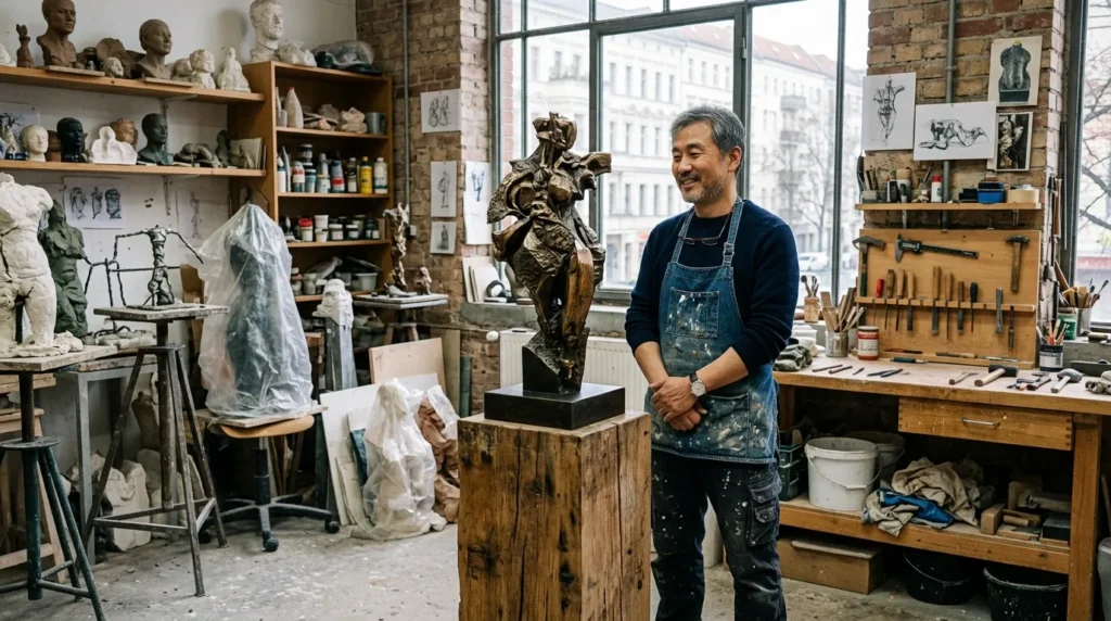 한 한국인 조각가가 해외 작업실에서 완성된 자신의 조각품을 자랑스럽게 바라보는 모습. 작업실에는 다양한 도구와 미완성 작품들이 함께 있다.
