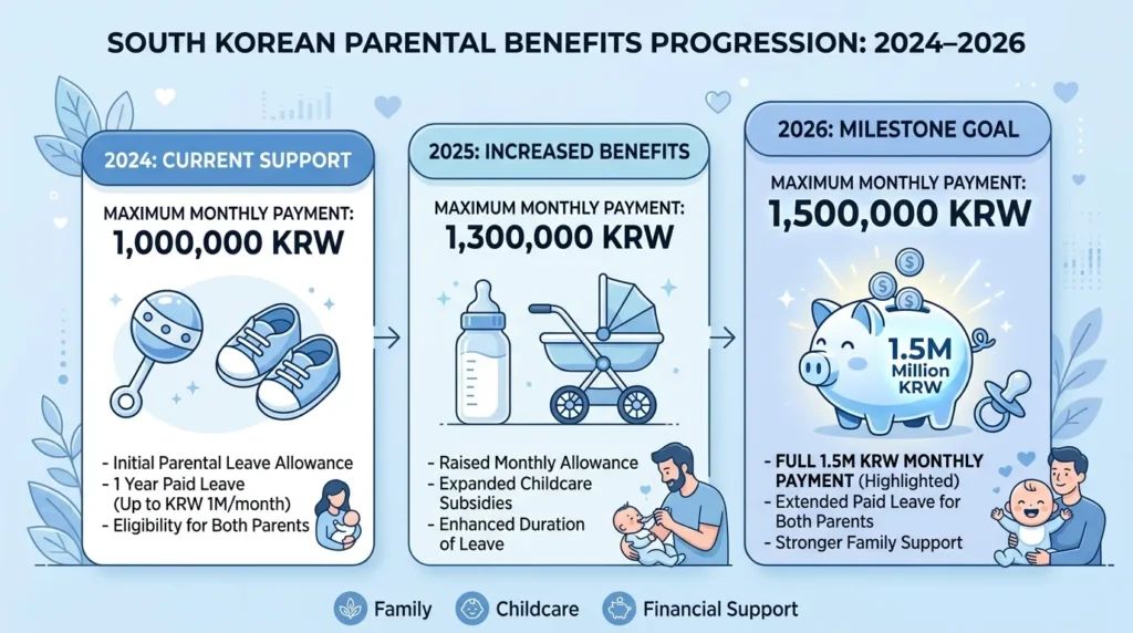 2024년부터 2026년까지 한국의 육아 수당 지급액 변동 추이를 보여주는 전문적인 인포그래픽입니다. 150만 원 지급액 달성 시점을 중심으로 디자인되었으며, 돼지 저금통과 딸랑이, 젖병 등 아기 용품 아이콘이 배치되어 있습니다. 전체적으로 깔끔하고 모던한 느낌이며, 부드러운 파란색과 흰색을 사용했습니다.