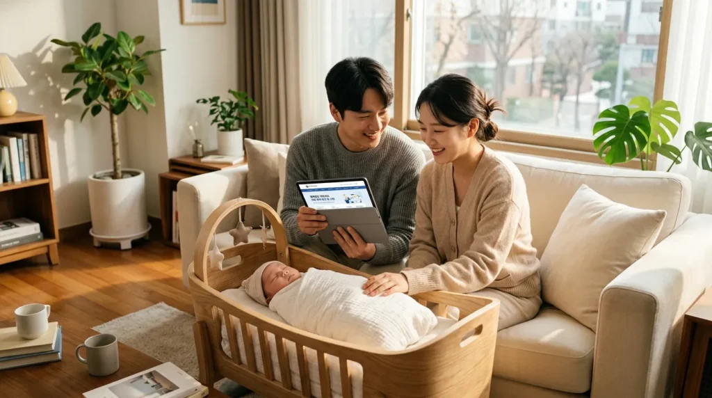 따뜻하고 편안한 분위기의 모던한 거실에서 갓난아기를 바라보는 젊은 한국 부부의 모습입니다. 한쪽은 태블릿으로 정부 육아 수당 포털을 확인하고 있고, 창문으로 쏟아지는 햇살이 은은한 분위기를 연출합니다.