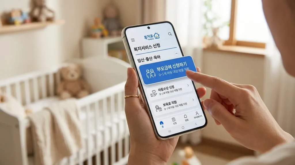 한국어로 된 '복지로' 앱 인터페이스가 표시된 스마트폰 화면입니다. 손이 '육아수당 신청' 버튼을 누르려는 순간입니다. 배경에는 아기 방의 모습이 부드럽게 흐릿하게 보입니다. 깔끔하고 사용자 친화적이며 디지털 환경에 초점을 맞춘 디자인입니다.