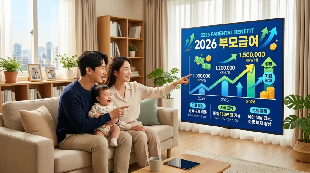 한국의 한 가족(어머니, 아버지, 아기)이 디지털 화면을 통해 '2026년 육아수당'을 보고 있는 모습을 전문적으로 표현한 인포그래픽입니다. 위쪽 화살표는 재정적 성장을 나타냅니다. 배경은 현대적이고 아늑한 거실입니다.