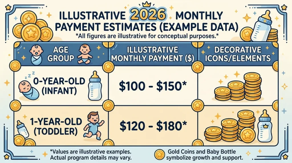 2026년 0세 및 1세 아동의 월별 지급액을 보여주는 깔끔하고 세련된 재정 표 또는 차트입니다. 금화와 젖병 아이콘이 장식 요소로 사용되었습니다.