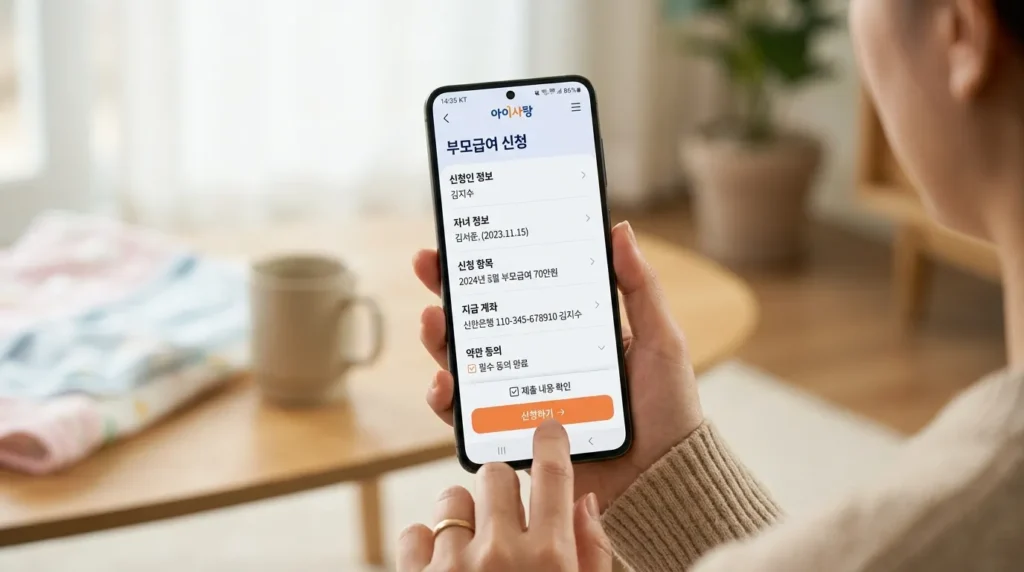한국의 스마트폰 앱의 깔끔한 인터페이스로, '육아수당 신청' 화면과 제출 버튼이 보입니다. 손이 휴대폰을 부드럽게 들고 있습니다.