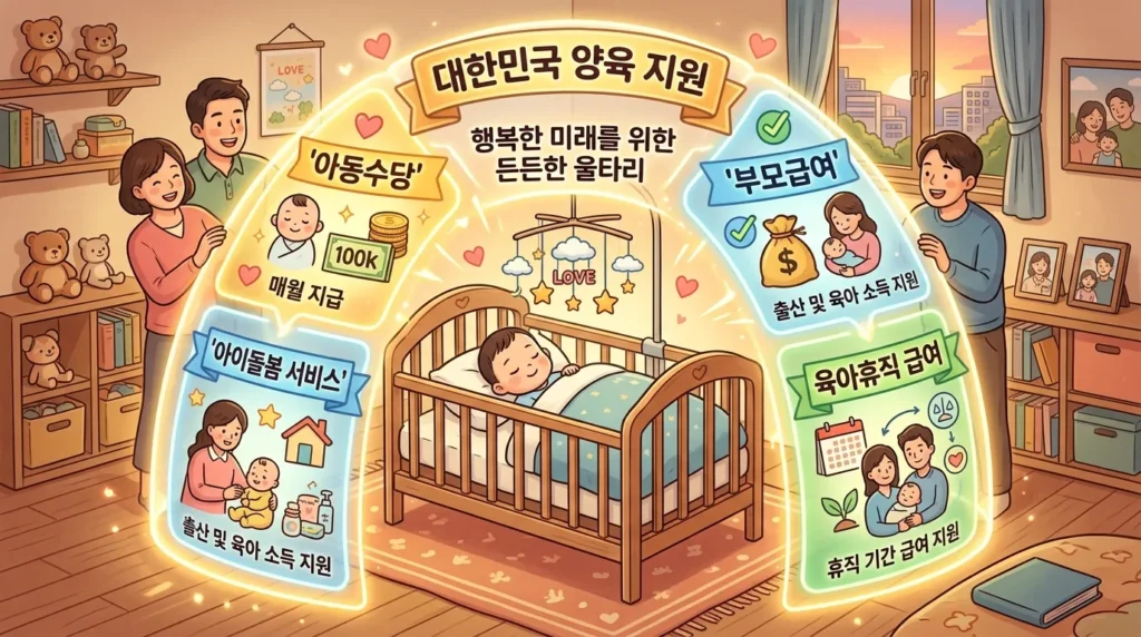 '아동수당', '육아수당', '육아휴직급여' 등 다양한 한국 복지 아이콘들이 모여 아기 요람을 보호하는 방패 모양을 이루는 콘셉트 일러스트입니다.