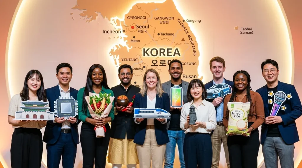 한국 지도를 배경으로, 여러 인종의 외국인 인재들이 각 지역의 특산품이나 산업을 상징하는 아이콘(예: 농산물, 반도체 칩, 관광 명소)을 들고 밝게 웃고 있는 모습. 활기찬 분위기이며, 지도가 밝게 빛나고 있다.