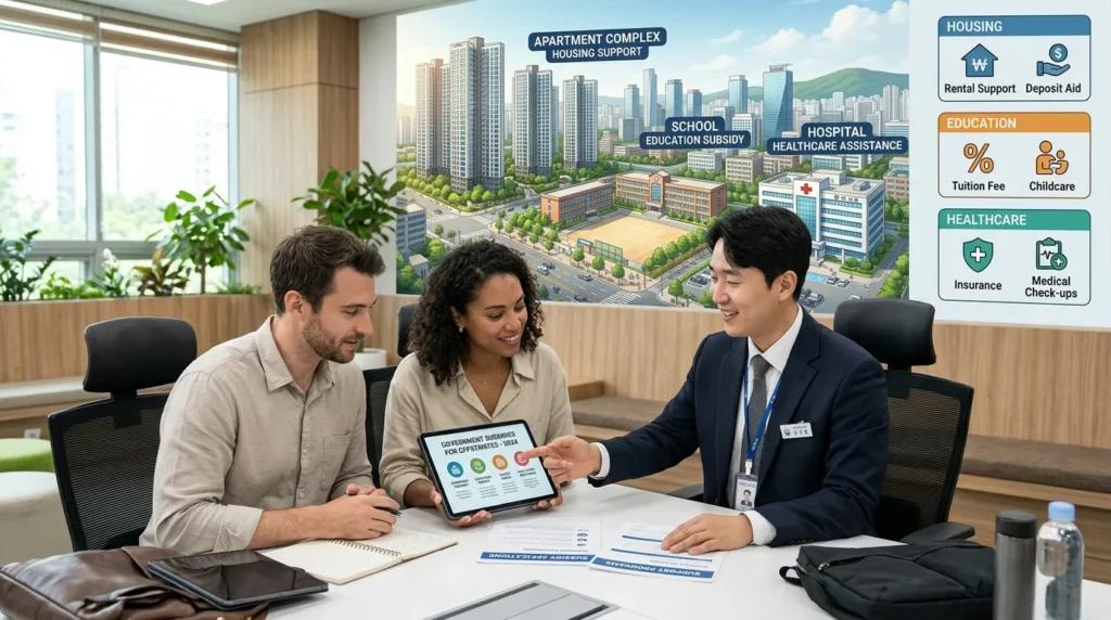 한국인 공무원이 외국인 인재 부부에게 다양한 정부 지원금을 안내하는 서류와 태블릿을 보여주는 모습. 배경에는 아파트 단지와 학교, 병원이 그래픽으로 표현되어 있다. 지원금 관련 표와 아이콘들이 함께 시각화되어 있다.