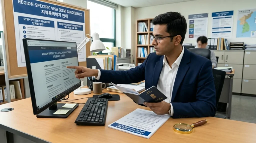 외국인 인재 한 명이 여권과 서류를 들고 컴퓨터 앞에서 지역특화형 비자 신청 절차를 꼼꼼히 확인하고 있는 모습. 옆에는 체크리스트와 돋보기가 놓여 있다. 배경에는 한국어와 영어로 된 안내문이 보인다.
